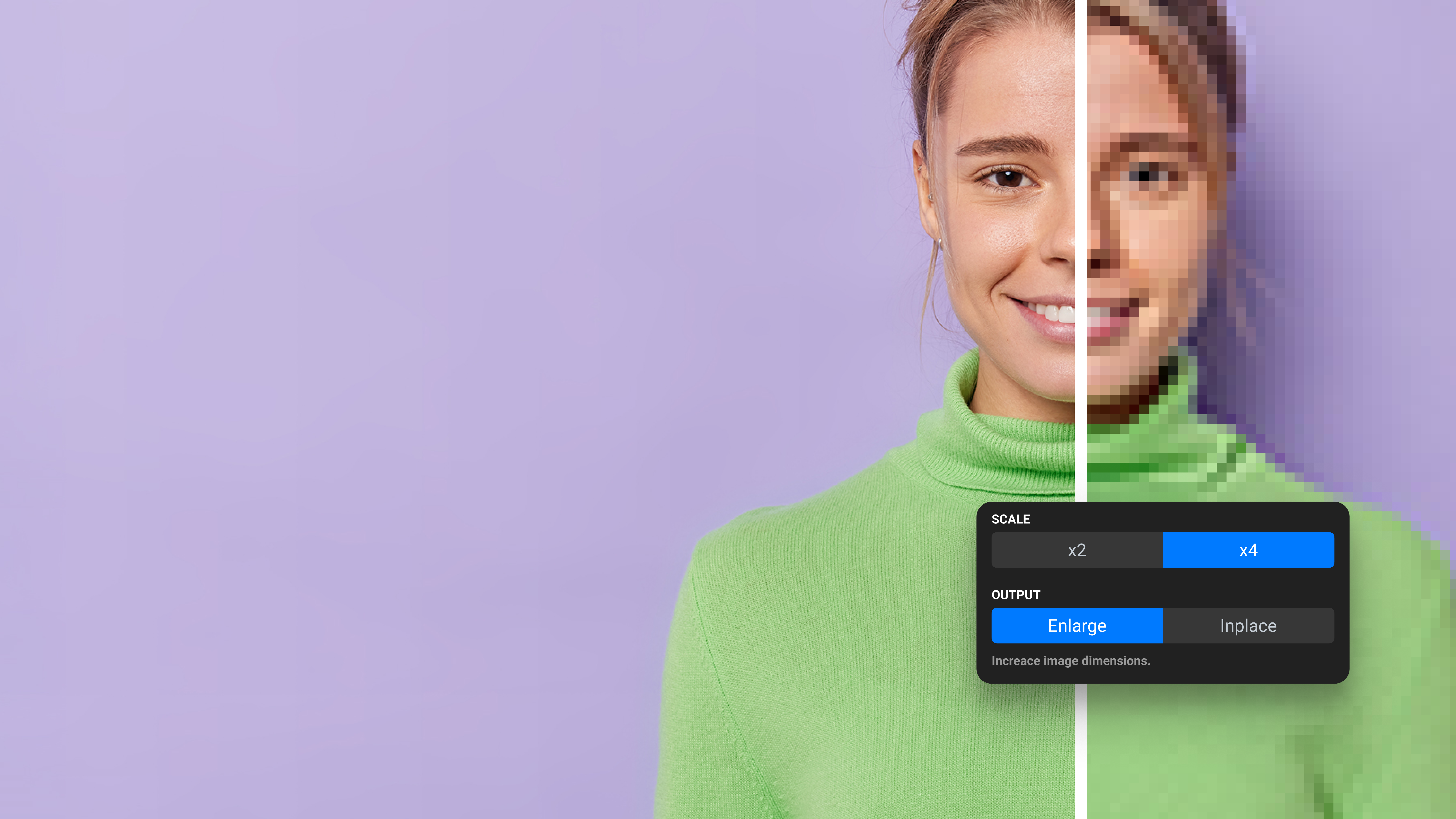 Hero banner showing Upscaler interface with x2 and x4 scale settings